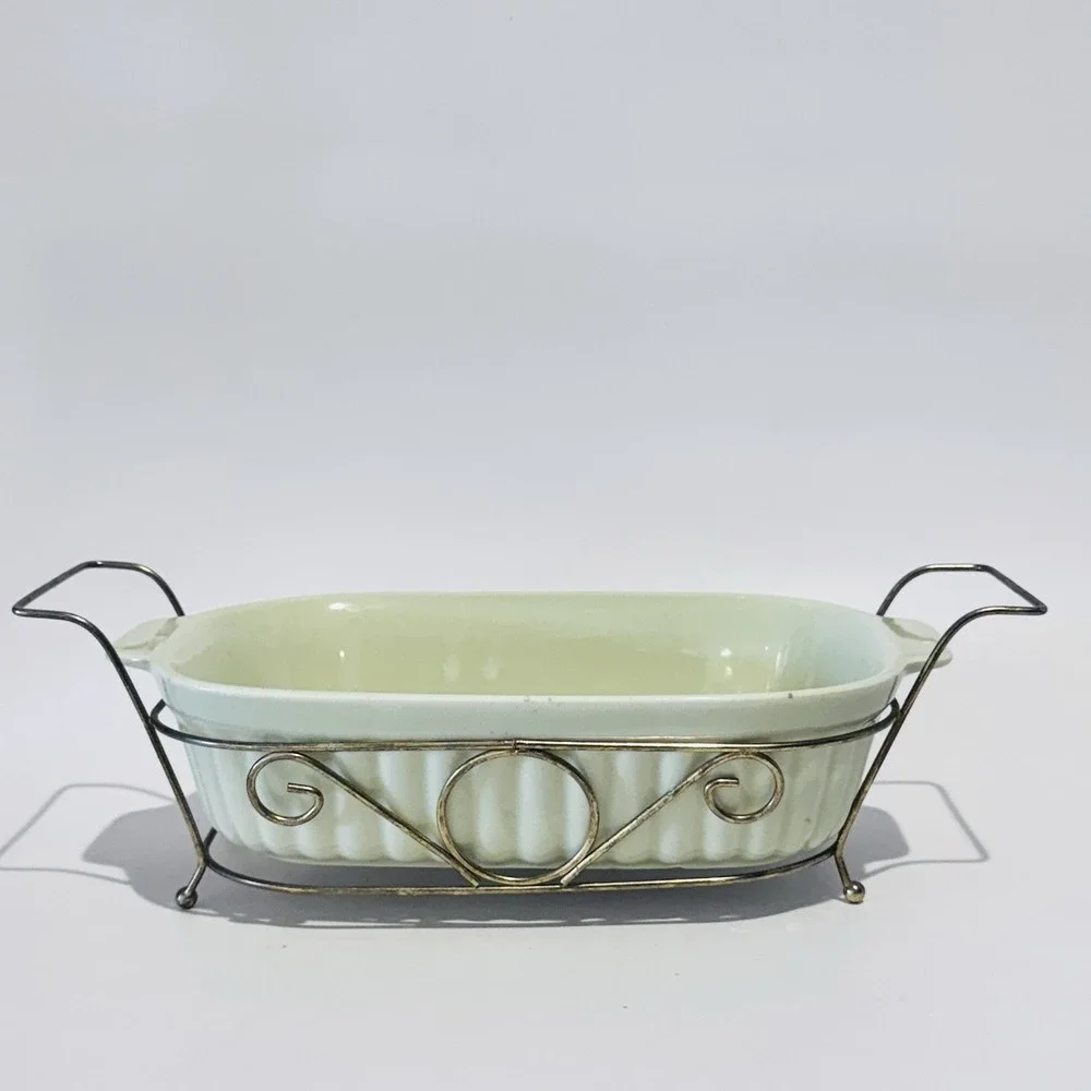 Vintage Pfaltzgraff 32oz Casserole Stoneware in‎ Gold Metal Holder No 1093